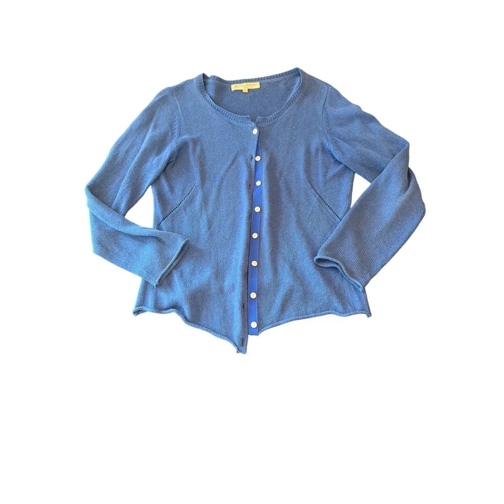 Autre Chose Paris Blue Ramie Cotton Asymmetric Pointed Hem‎ Cardigan Sweater L